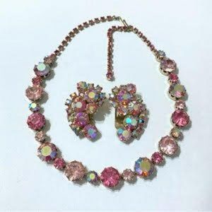 Vintage Karu-Arke Pink AB Rhinestone Riviere Necklace Earring set 15.5"/1.5"